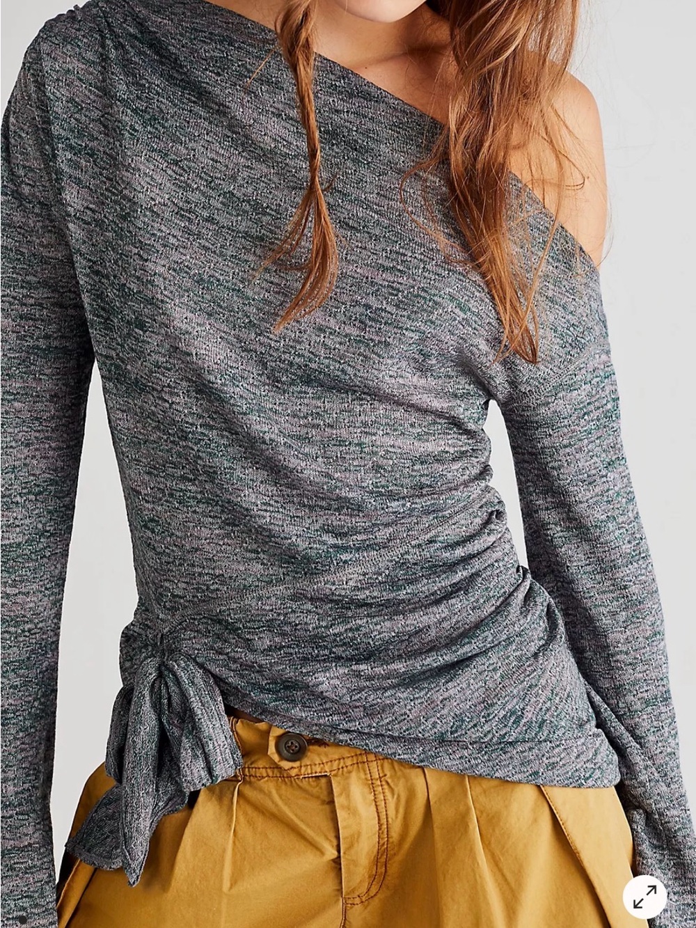 Free People Off-Shoulder Gray Knit Tie-Waist Top